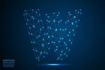 English letters abstract font consists 3d of triangles, lines, dots and connections. On a dark blue background cosmic universe stars, meteorites, galaxies. Vector illustration EPS 10.