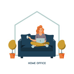 girl with laptop sitting on the chair at home.  Remote work, freelance or studying concept. 
Self-isolation during the coronavirus epidemic. Vector illustration in flat style
