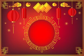 Happy Chinese new year on red background,decorative classic festive for holiday,Traditional lunar year with hanging lanterns traditional style
