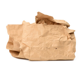 piece of crumpled brown paper isolated on white background, element for designer