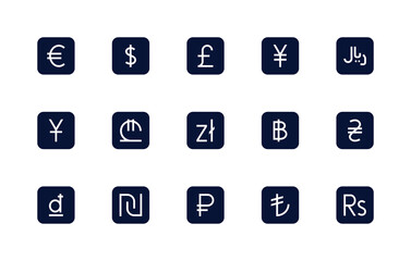Money and currencies, vector linear icons set. Foreign exchange management. Dollar, euro, yuan and more. Collection of symbols money for web sites and mobile, vector illustration. Editable stroke.