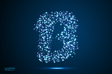 English letters abstract font consists 3d of triangles, lines, dots and connections. On a dark blue background cosmic universe stars, meteorites, galaxies. Vector illustration EPS 10.