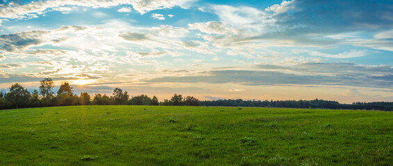 Landscape panorama. Sky with clouds. Green meadow. Gorgeous rural scene. Large open space.