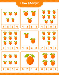 Counting game, how many Ximenia. Educational children game, printable worksheet, vector illustration