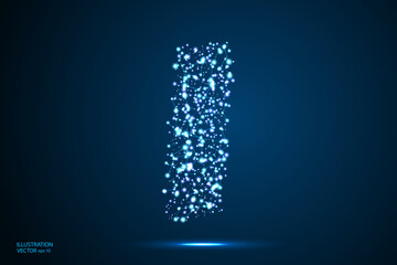 English letters abstract font consists 3d of triangles, lines, dots and connections. On a dark blue background cosmic universe stars, meteorites, galaxies. Vector illustration EPS 10.