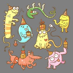 Naklejka premium Birthday set with cute cartoon monsters in party hats. Vector doodle collection. Little funny animal print. Сake and gift poster.