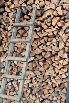 Wooden ladder near cut wood in carpathian village. 