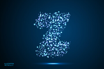 English letters abstract font consists 3d of triangles, lines, dots and connections. On a dark blue background cosmic universe stars, meteorites, galaxies. Vector illustration EPS 10.