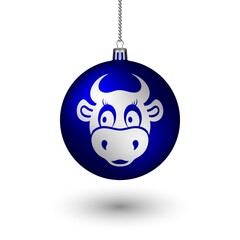 Year of the bull, ox Christmas ball isolated on white background. Christmas tree toy.