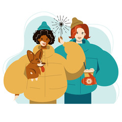 Couple celebrating Christmas outdoors. Happy holiday celebration vector illustration. Romantic couple walking with corgi dog. 


