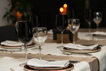 Table setting for reception at restaurant.