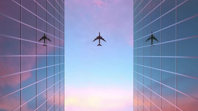 A commercial airplane flies over two glass skyscrapers with reflective windows as seen from below