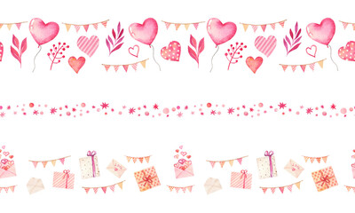 Watercolor seamless pattern with hearts. present boxes, balloons and other elements for Valentine's Day isolated on white background.