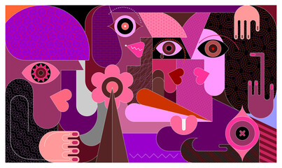 Modern art vector illustration of Group Of People. The women have not seen each other for a long time and now they are glad to meet.