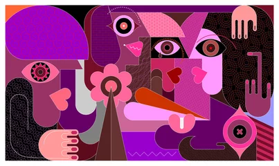 Gordijnen Moderne kunst vectorillustratie van groep mensen. De vrouwen hebben elkaar lange tijd niet gezien en nu zijn ze blij elkaar te ontmoeten. ©  danjazzia