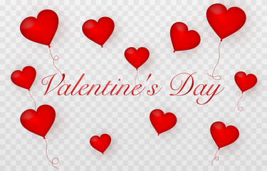 Fototapeta na wymiar Vector background, banner for Valentine's Day. Balloons in the form of hearts png. Valentine's day text png. Vector image.