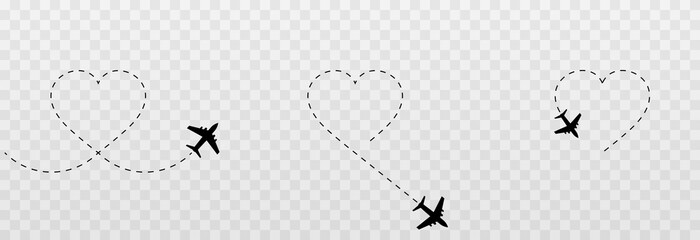 Vector set of dotted hearts. Honeymoon trip, dotted plane tracks. Dotted lines png, heart png, travel by plane. The love route.