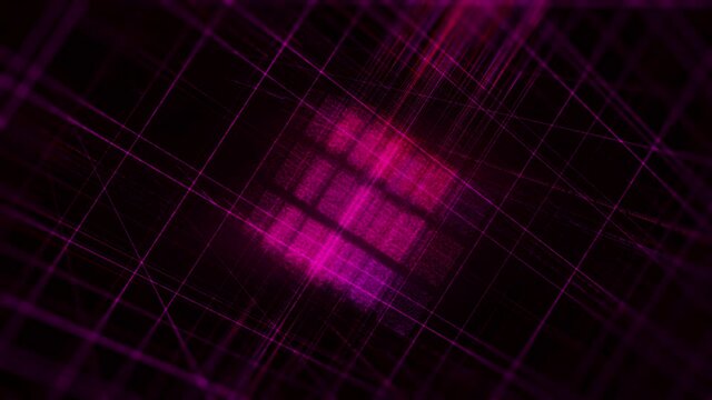 Abstract digital grid in a shape of rotating box, seamless loop. Animation. Virtual purple figure of 3D cubes made of shimmering particles isolated on black background. 
