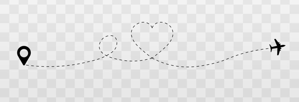 Vector dotted hearts. Honeymoon trip, honeymoon, airplane dotted tracks. Dotted lines png, heart png, travel by plane. The love route.