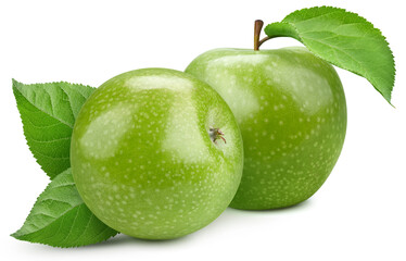 Fresh organic green apple with leaves isolated