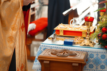 Baptismal font. Accessories for the christening of children icons of candles, the Ortodox Church.