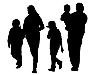 Families with little child walking on street. Isolated silhouettes of people on white background