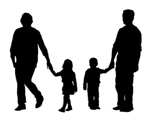 Families with little child walking on street. Isolated silhouettes of people on white background