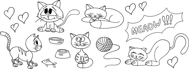 Cute contour cats and kittens collection set. Vector illustration.