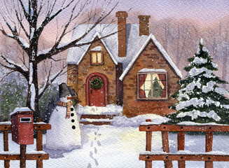 Snowmen with postbox near the house in  the village. Hand drawn watercolor illustration.