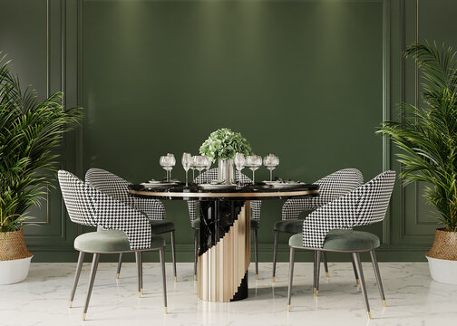dining table in front of the green wall, 3d render