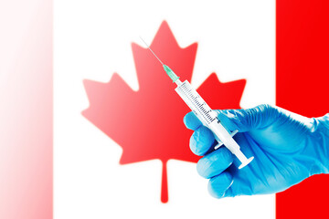 Canada Flag Blurred Background Covid-19, Corona, Selective focused on Syringe Injection