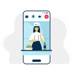 Easy cooking vector illustration. creative design for online cookery course, school or blog. Cartoon flat chef woman character cooks healthy food in kitchen, teaching dish recipes

