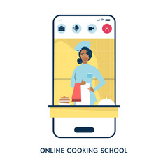 Easy cooking vector illustration. creative design for online cookery course, school or blog. Cartoon flat chef woman character cooks healthy food in kitchen, teaching dish recipes

