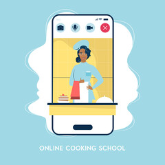 Easy cooking vector illustration. creative design for online cookery course, school or blog. Cartoon flat chef woman character cooks healthy food in kitchen, teaching dish recipes

