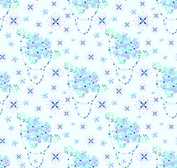 Seamless vector pattern with bouquets of blue forget-me-not flowers, decorative beads and patterned stars on the background. Delicate vintage texture for fabrics and scrapbooking