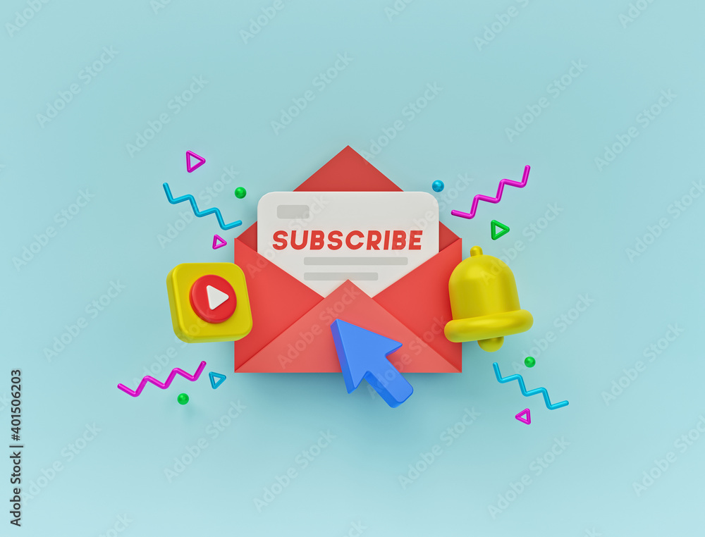 Poster subscribe newsletter. open mail envelope, play button, bell icon. minimal background for website and