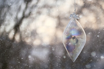 glass christmas tree toy nature background, christmas card finland lapland decor landscape