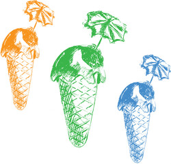 Vector illustration: sketch of ice cream drawn in pencil. Pencil-drawn ice cream in a waffle Cup with an umbrella.Hand-drawn illustration of ice cream in an engraved style.
