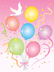Obraz na płótnie Canvas 風船や鳩のピンクのお誕生日カード