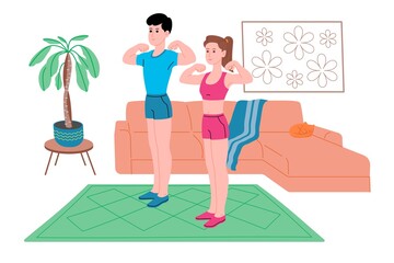 Young boy and girl doing sports physical exercises, home workouts and fitness at home during quarantine and lead healthy lifestyle. Flat vector illustration. Men and women using the house as a gym.