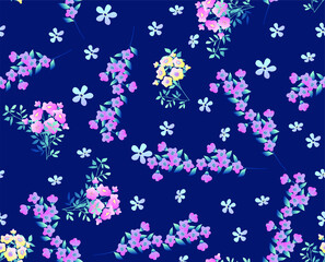 Fototapeta na wymiar Delicate floral botanical vector pattern with bouquets of small flowers similar to forget-me-nots, lavender, lobelia. Natural seamless texture and pattern