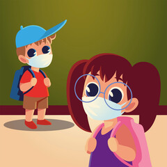 Back to school of girl and boy kid with medical masks and hat vector design