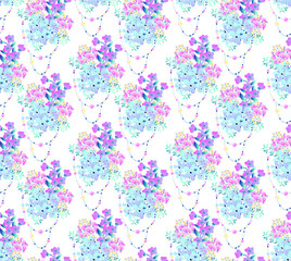 Fototapeta na wymiar Seamless vector pattern with bouquets of blue forget-me-not flowers, decorative beads and patterned stars on the background. Delicate vintage texture for fabrics and scrapbooking