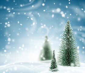 Snowy winter night with spruce trees.