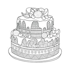 Cake coloring book for adults and children. Antistress coloring page zentangle style