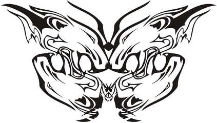 Tribal butterfly wings with lion heads patterns. Linear butterfly wings formed by aggressive lion heads for tattoos, emblems, embroidery, textiles, prints, etc. Black on White