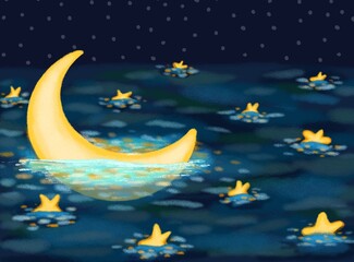 Moonlight mistery. Seascape with half moon and stars at the night sea. Crescent moon on sea in magic night. Fairy Dust. Infinity. Romantic art illustration in the style of impressionist paintings.