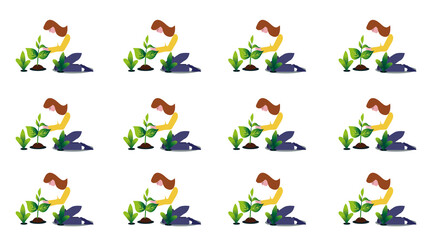 Seamless woman planting saplings pattern background  illustration.
