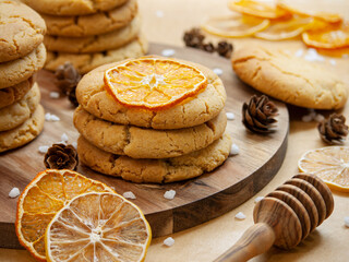 Honey ginger cookies with fir cones and dried citrus