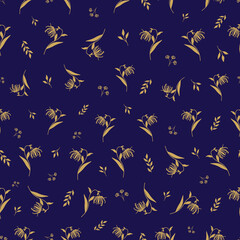 Floral Seamless Pattern with Gold Ylang Ylang or Cananga Flowers, Buds and Leaves on Violet Background